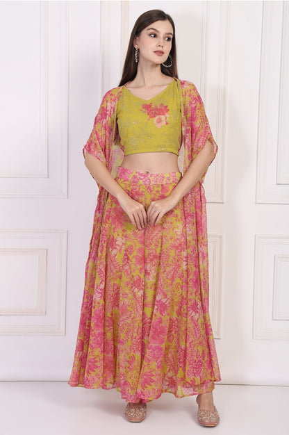 W for Woman Lime Green Embroidered Crop Top with Culottes and Dupatta Set