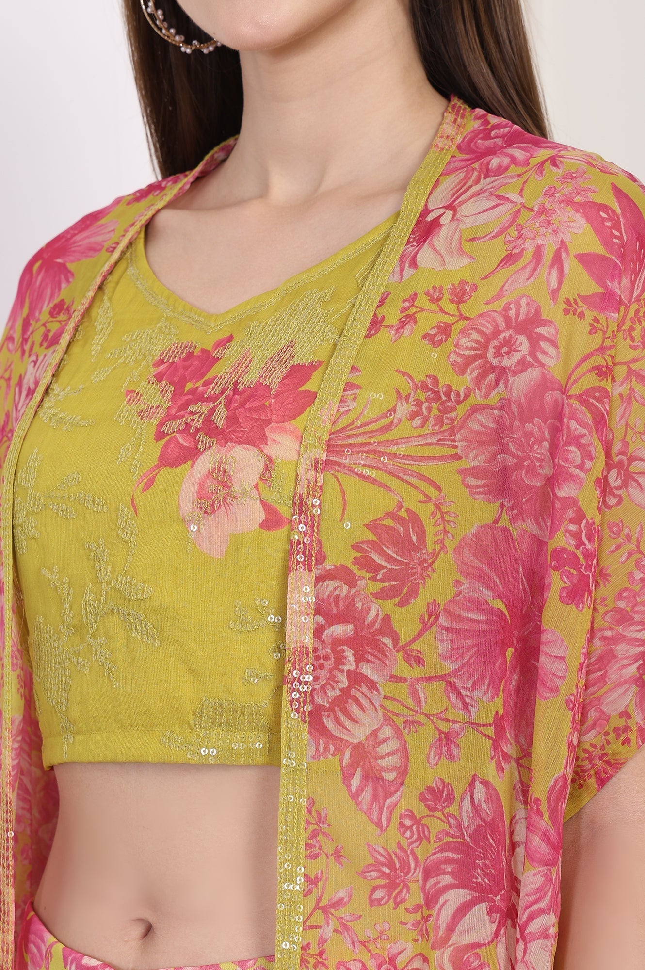W for Woman Lime Green Embroidered Crop Top with Culottes and Dupatta Set