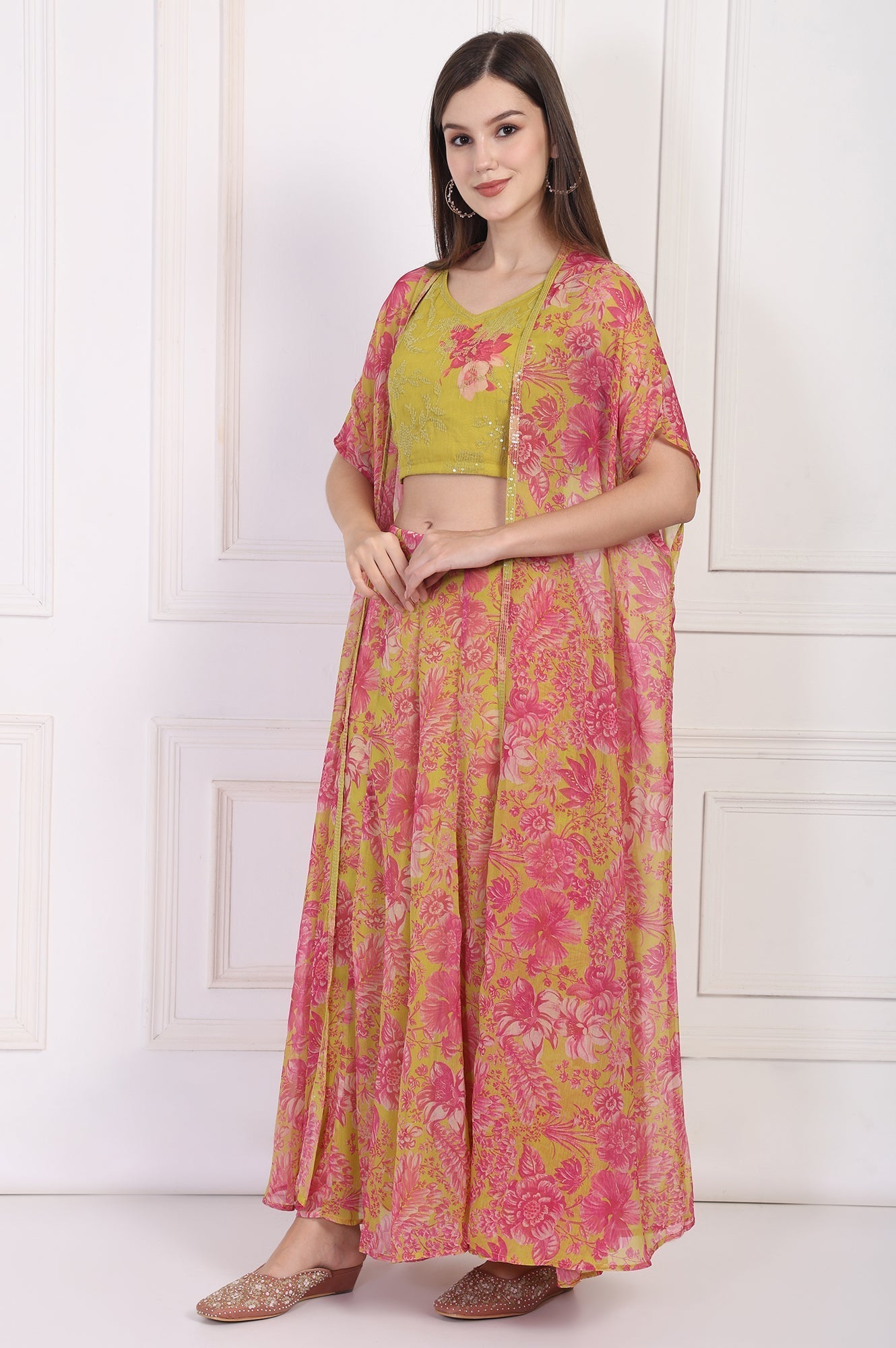W for Woman Lime Green Embroidered Crop Top with Culottes and Dupatta Set