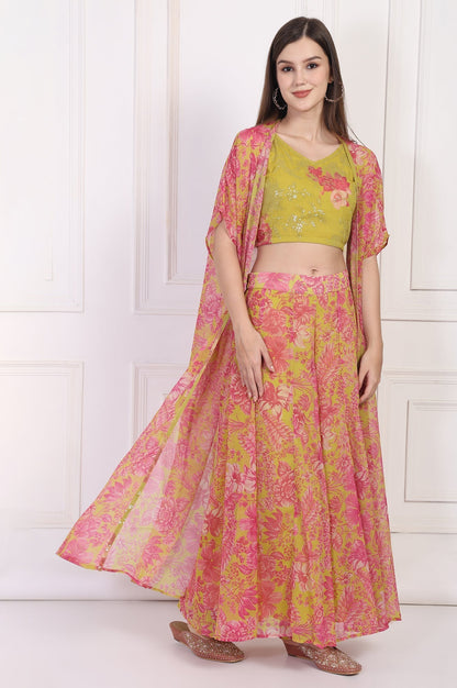 W for Woman Lime Green Embroidered Crop Top with Culottes and Dupatta Set