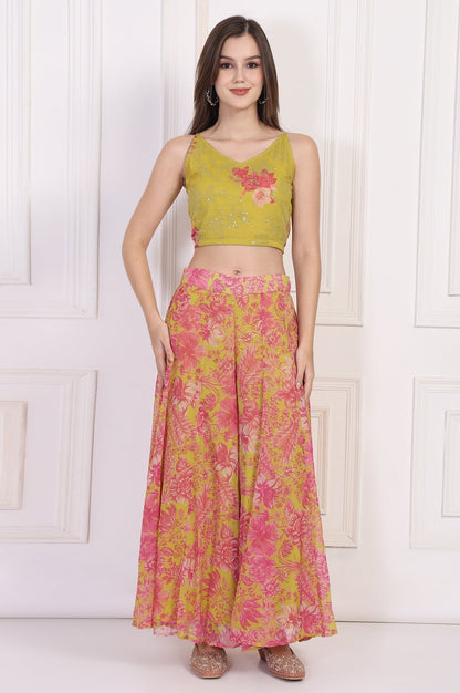 W for Woman Lime Green Embroidered Crop Top with Culottes and Dupatta Set