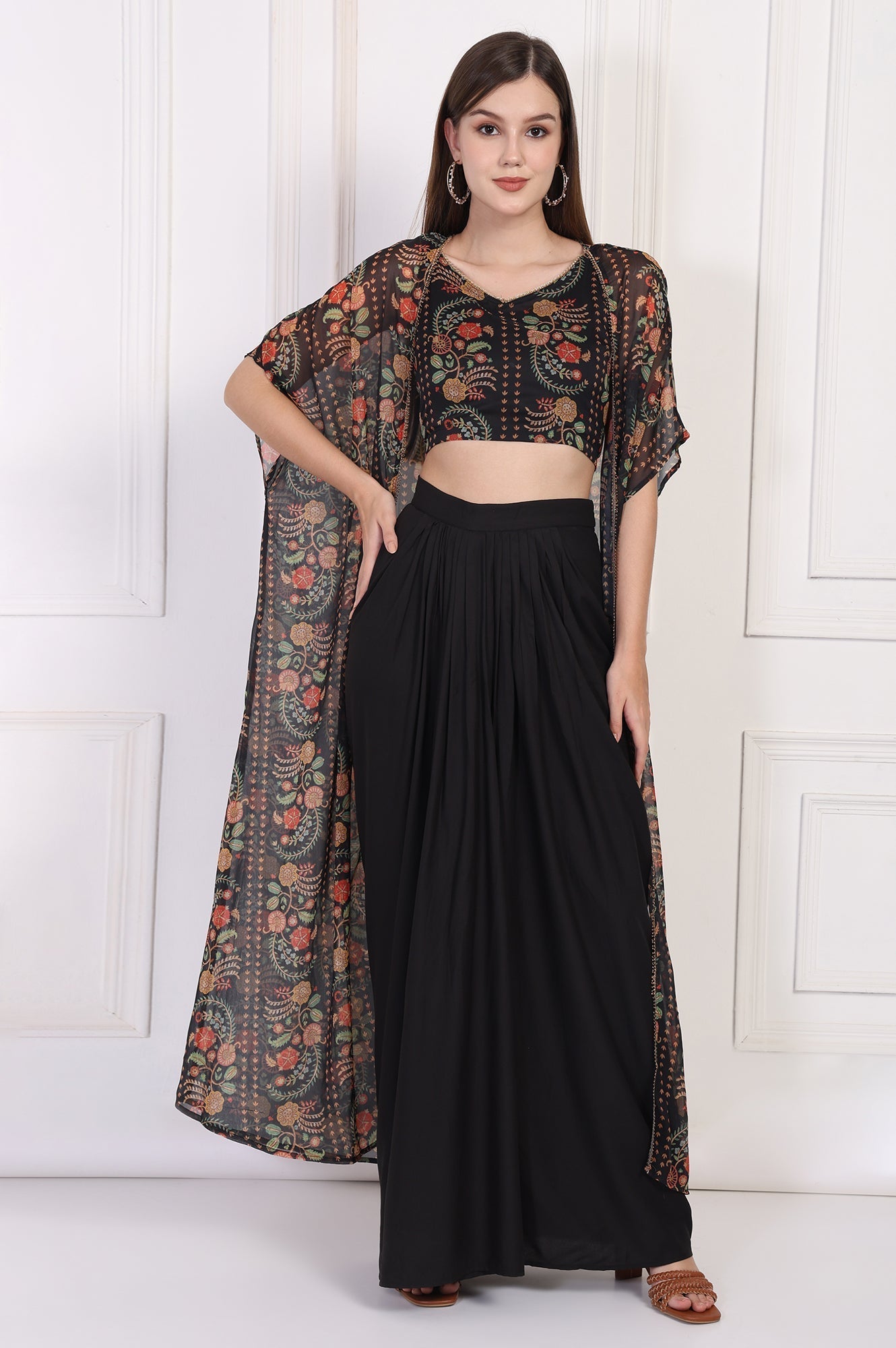 W for Woman Black Floral Printed Embellished Georgette Crop Top with Cape and Skirt Set