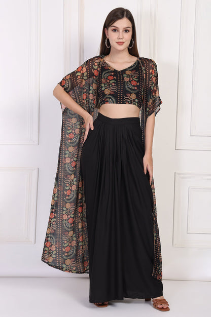 W for Woman Black Floral Printed Embellished Georgette Crop Top with Cape and Skirt Set