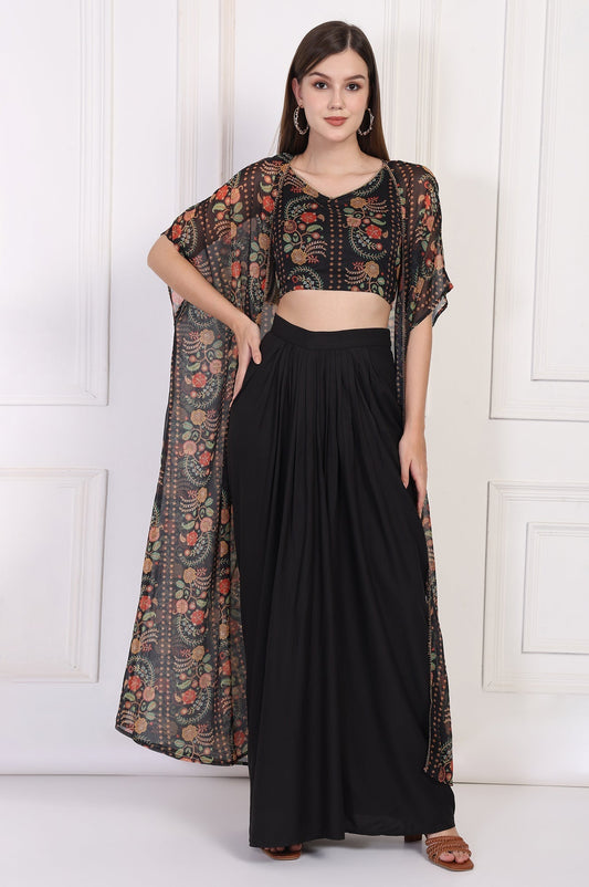 W for Woman Black Floral Printed Embellished Georgette Crop Top with Cape and Skirt Set