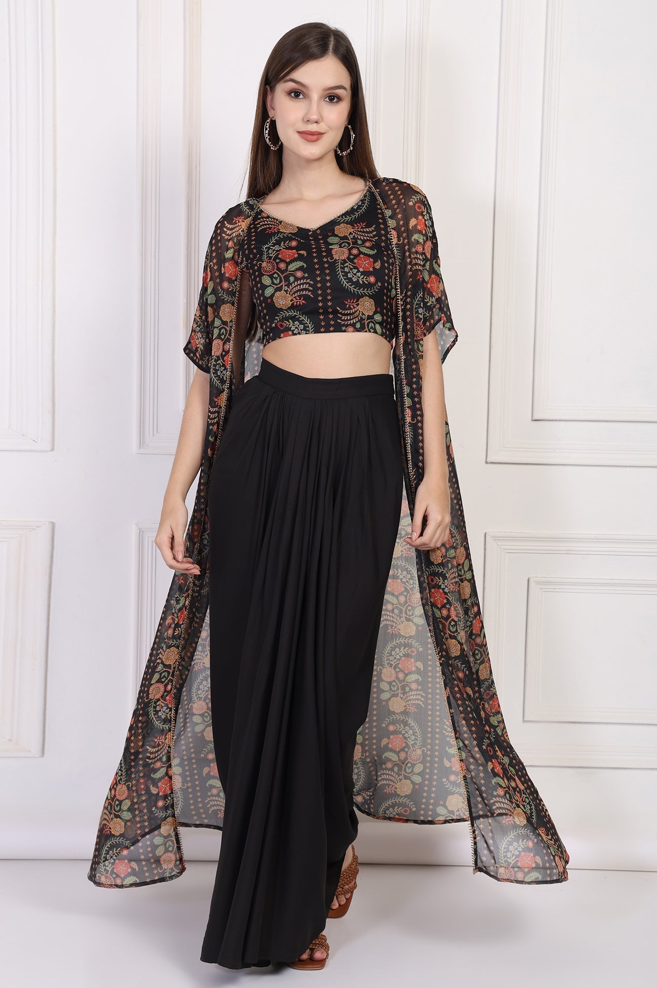 W for Woman Black Floral Printed Embellished Georgette Crop Top with Cape and Skirt Set