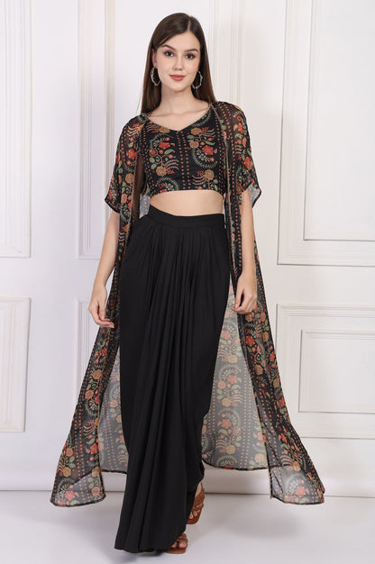 W for Woman Black Floral Printed Embellished Georgette Crop Top with Cape and Skirt Set