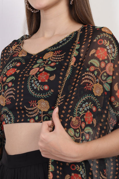 W for Woman Black Floral Printed Embellished Georgette Crop Top with Cape and Skirt Set
