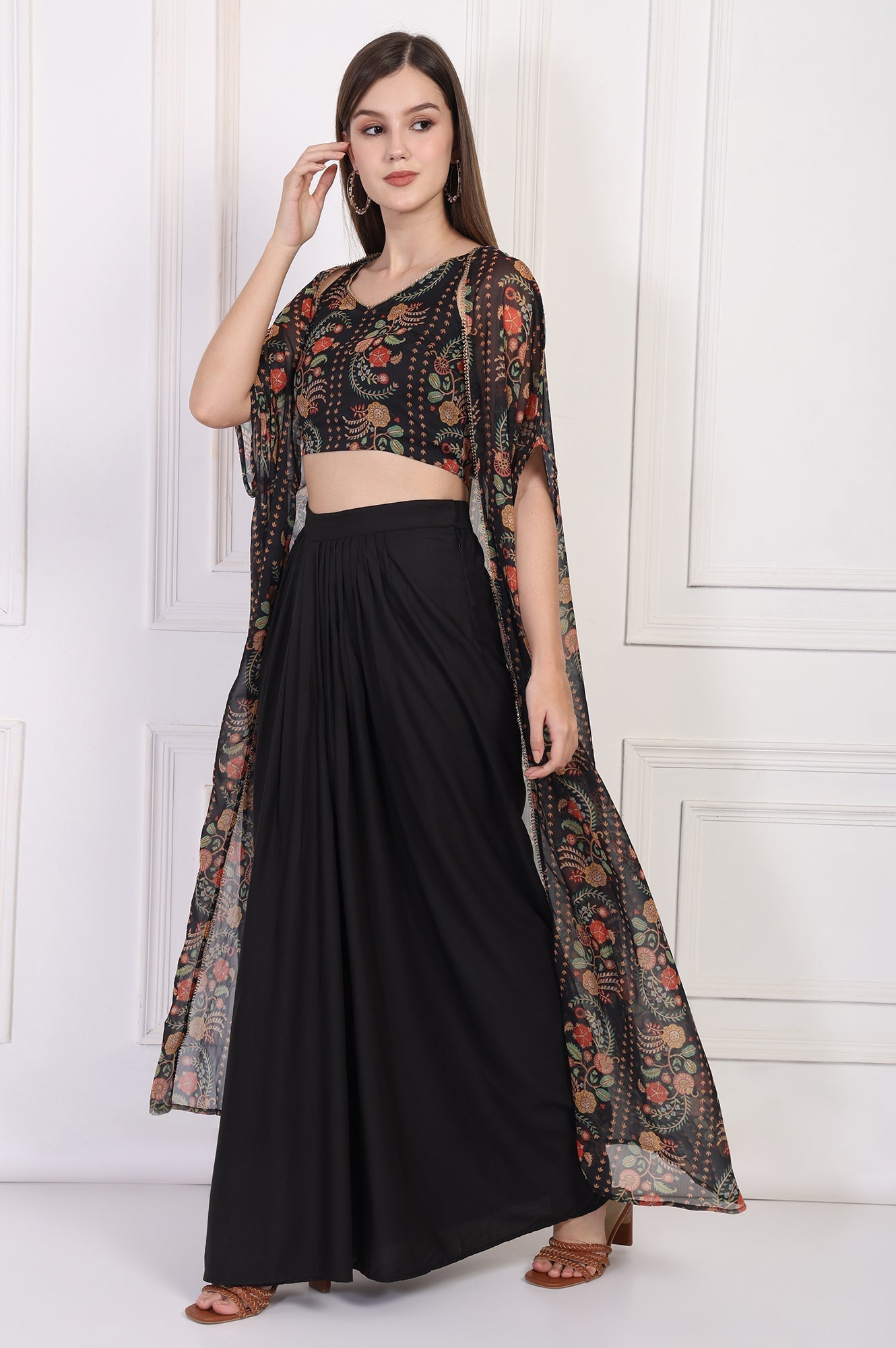 W for Woman Black Floral Printed Embellished Georgette Crop Top with Cape and Skirt Set