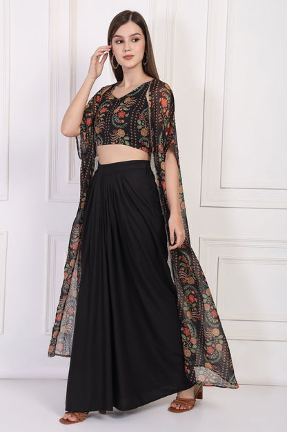W for Woman Black Floral Printed Embellished Georgette Crop Top with Cape and Skirt Set