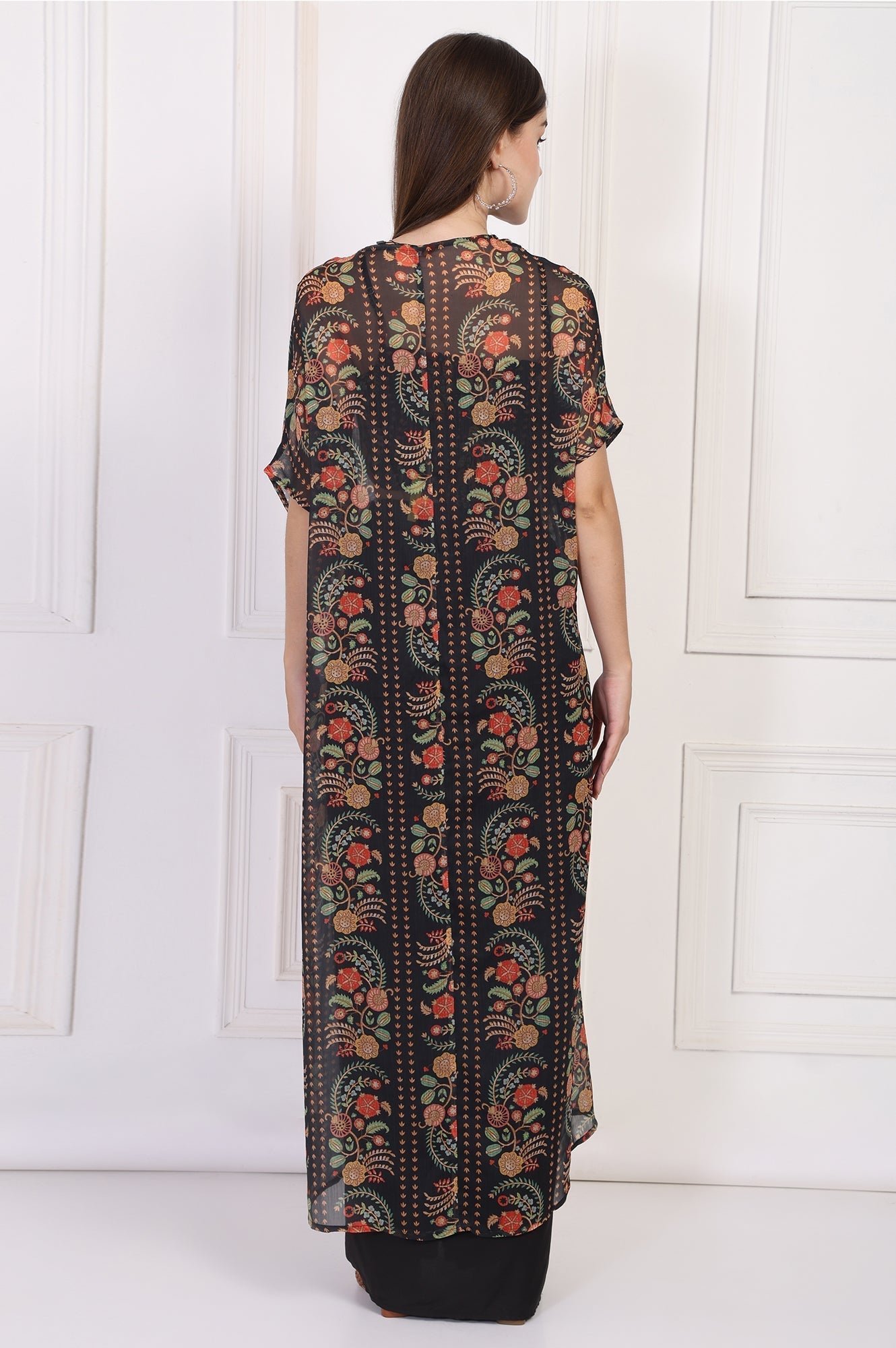 W for Woman Black Floral Printed Embellished Georgette Crop Top with Cape and Skirt Set