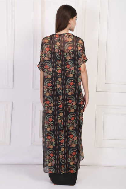 W for Woman Black Floral Printed Embellished Georgette Crop Top with Cape and Skirt Set