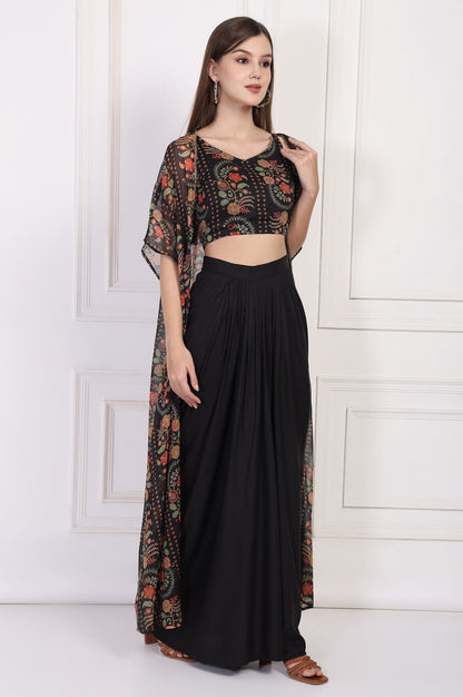 W for Woman Black Floral Printed Embellished Georgette Crop Top with Cape and Skirt Set