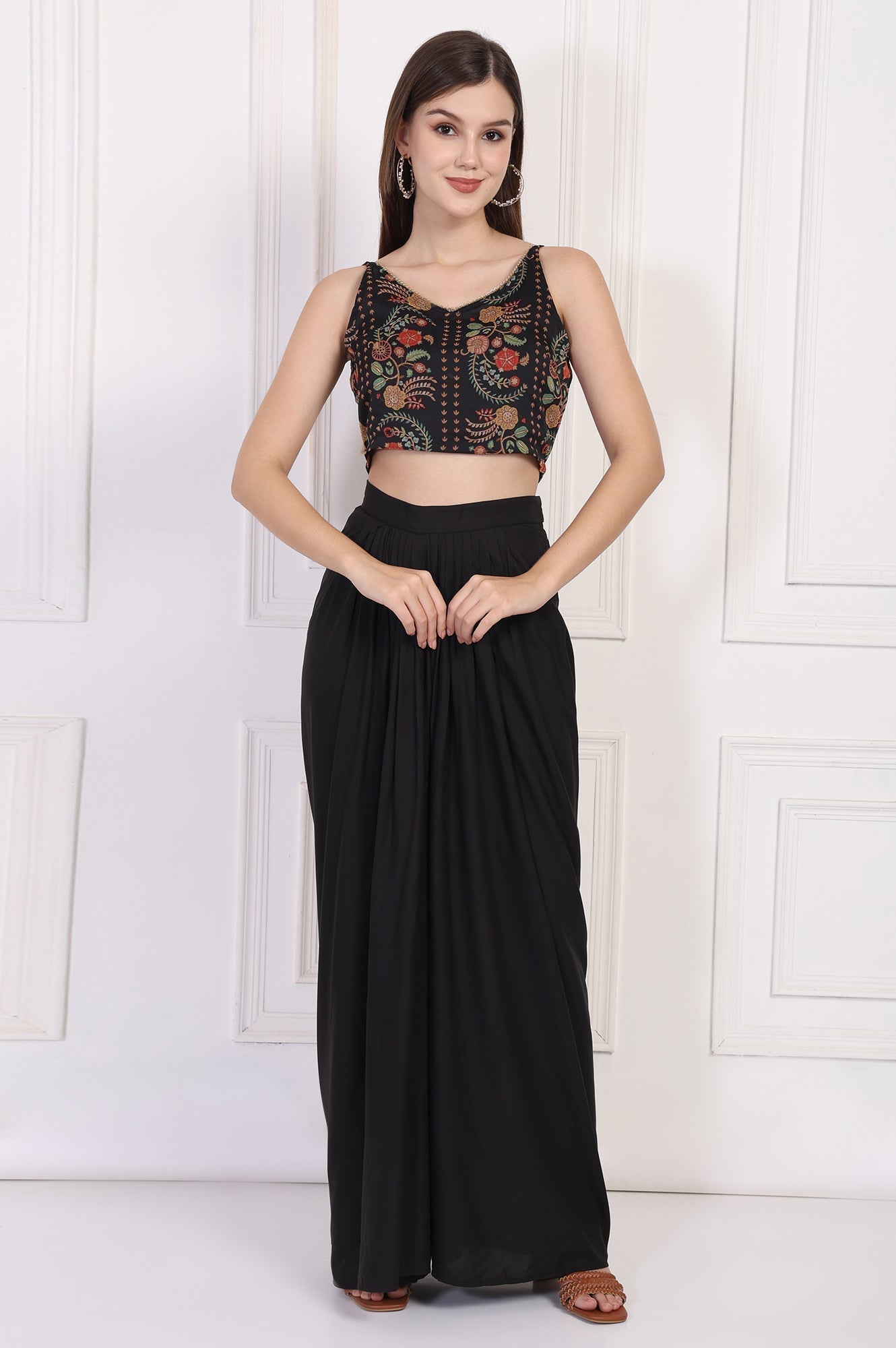 W for Woman Black Floral Printed Embellished Georgette Crop Top with Cape and Skirt Set