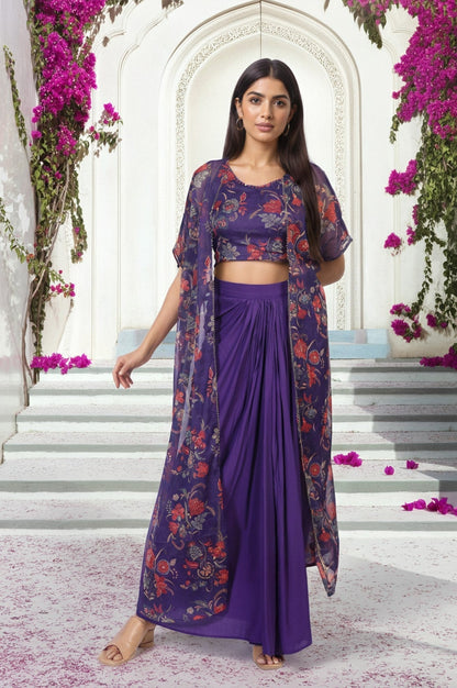 W for Woman Purple Floral Embellished Chiffon Crop Top with Cape and Skirt Set
