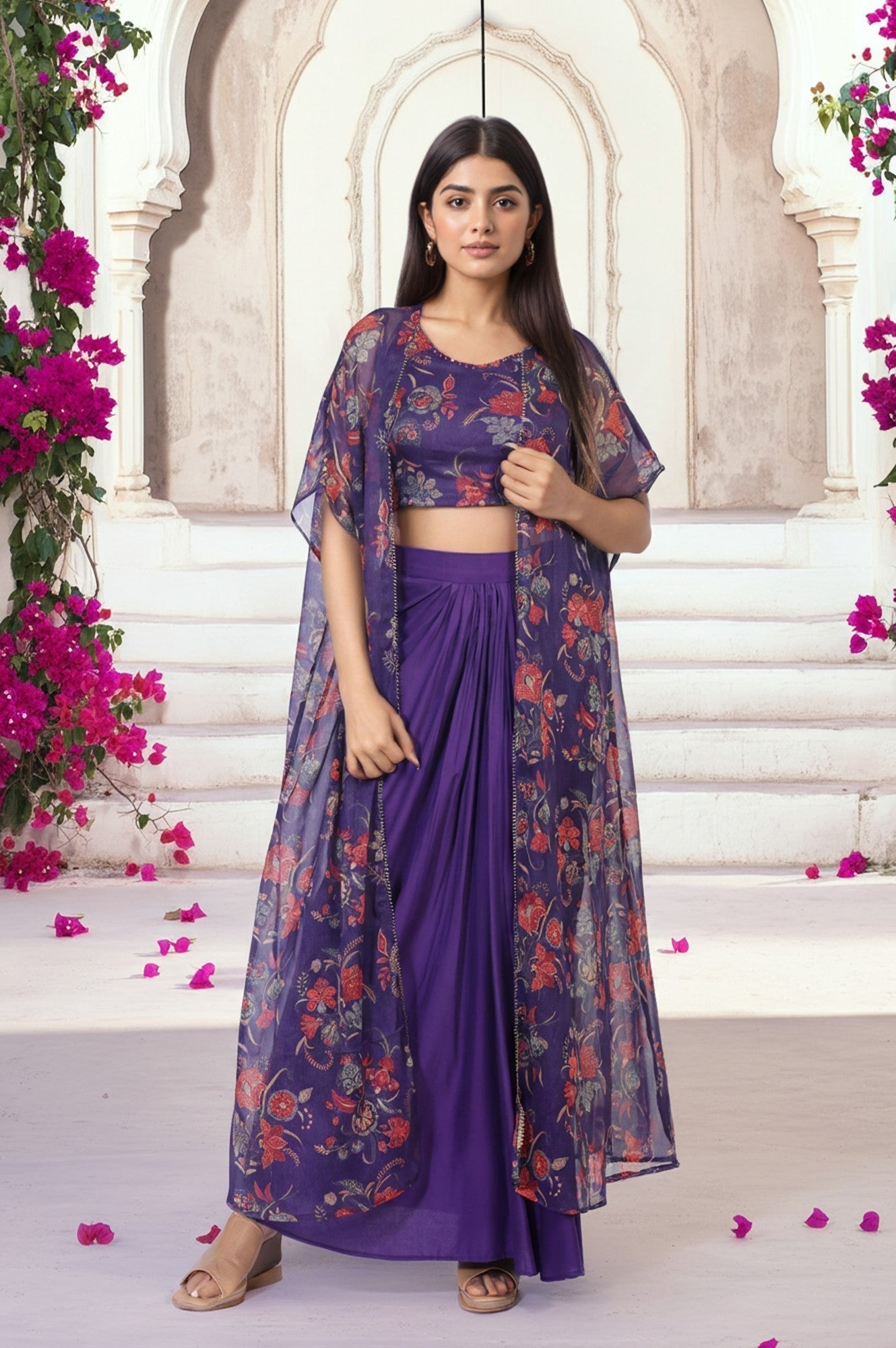 W for Woman Purple Floral Embellished Chiffon Crop Top with Cape and Skirt Set