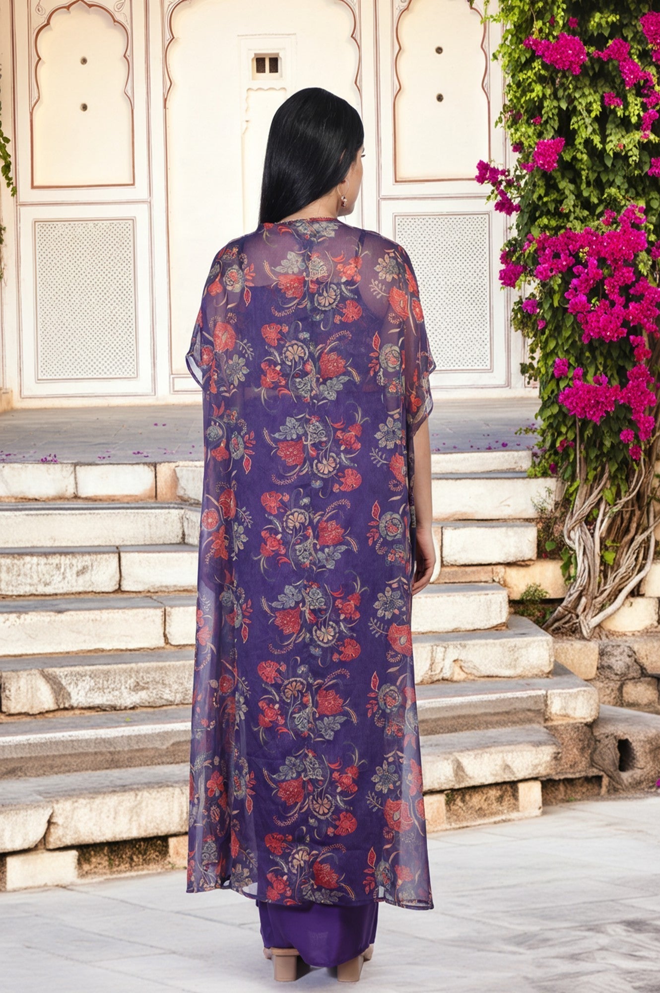 W for Woman Purple Floral Embellished Chiffon Crop Top with Cape and Skirt Set