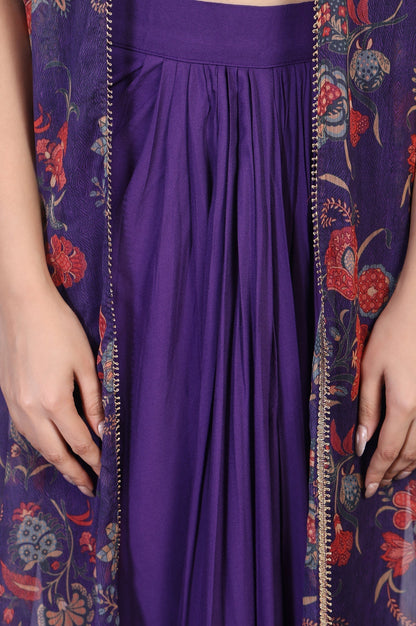 W for Woman Purple Floral Embellished Chiffon Crop Top with Cape and Skirt Set