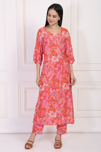 W for Woman Orange Floral Printed Kaftan Modal Kurta with Pant