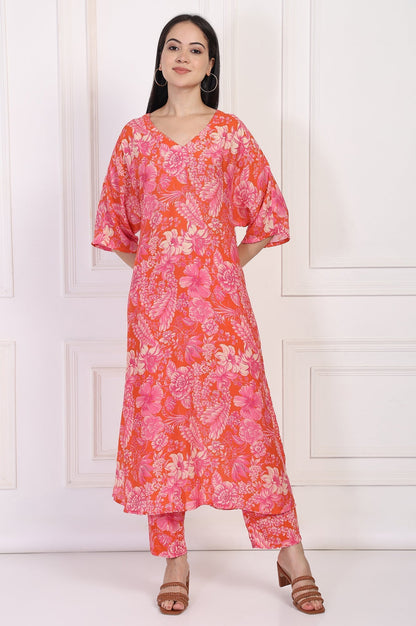 W for Woman Orange Floral Printed Kaftan Modal Kurta with Pant