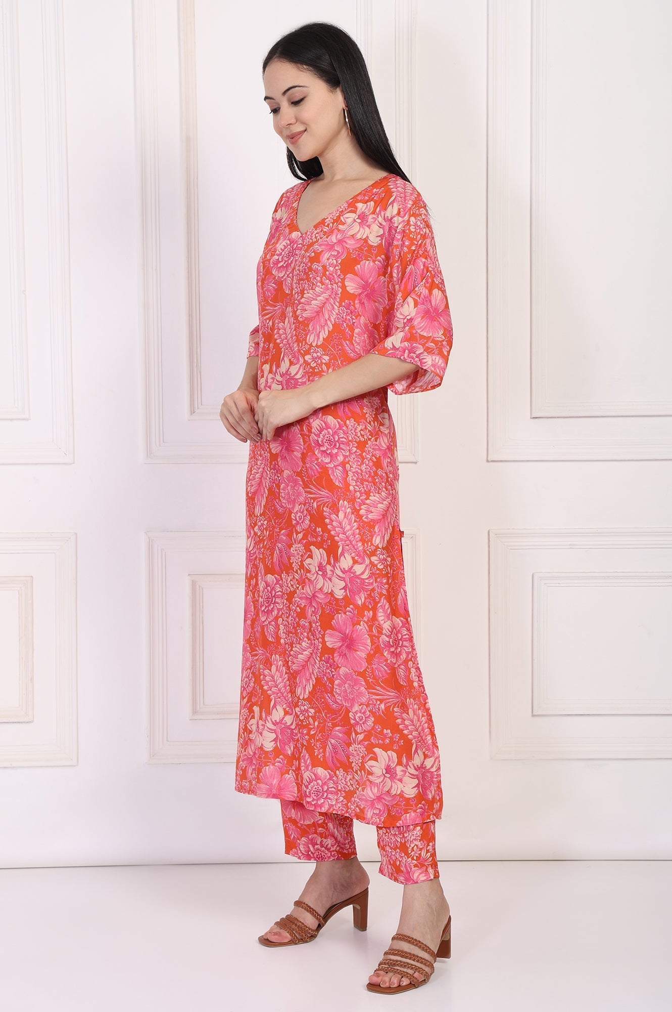 W for Woman Orange Floral Printed Kaftan Modal Kurta with Pant