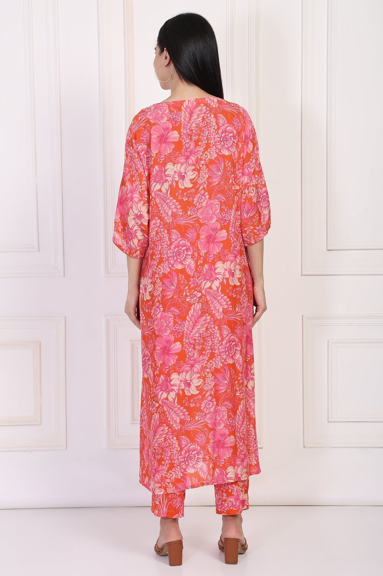W for Woman Orange Floral Printed Kaftan Modal Kurta with Pant