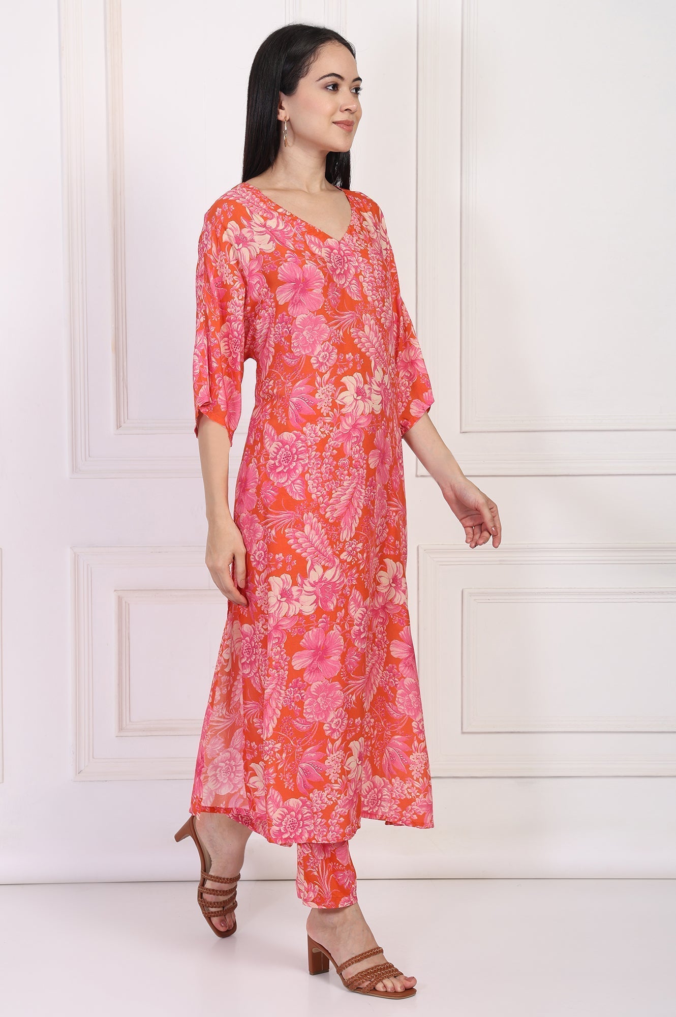 W for Woman Orange Floral Printed Kaftan Modal Kurta with Pant