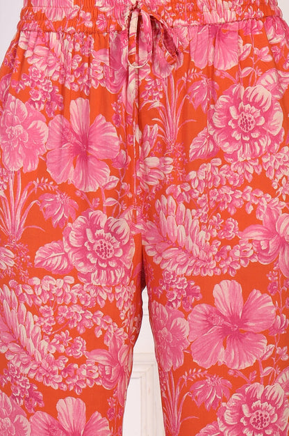 W for Woman Orange Floral Printed Kaftan Modal Kurta with Pant