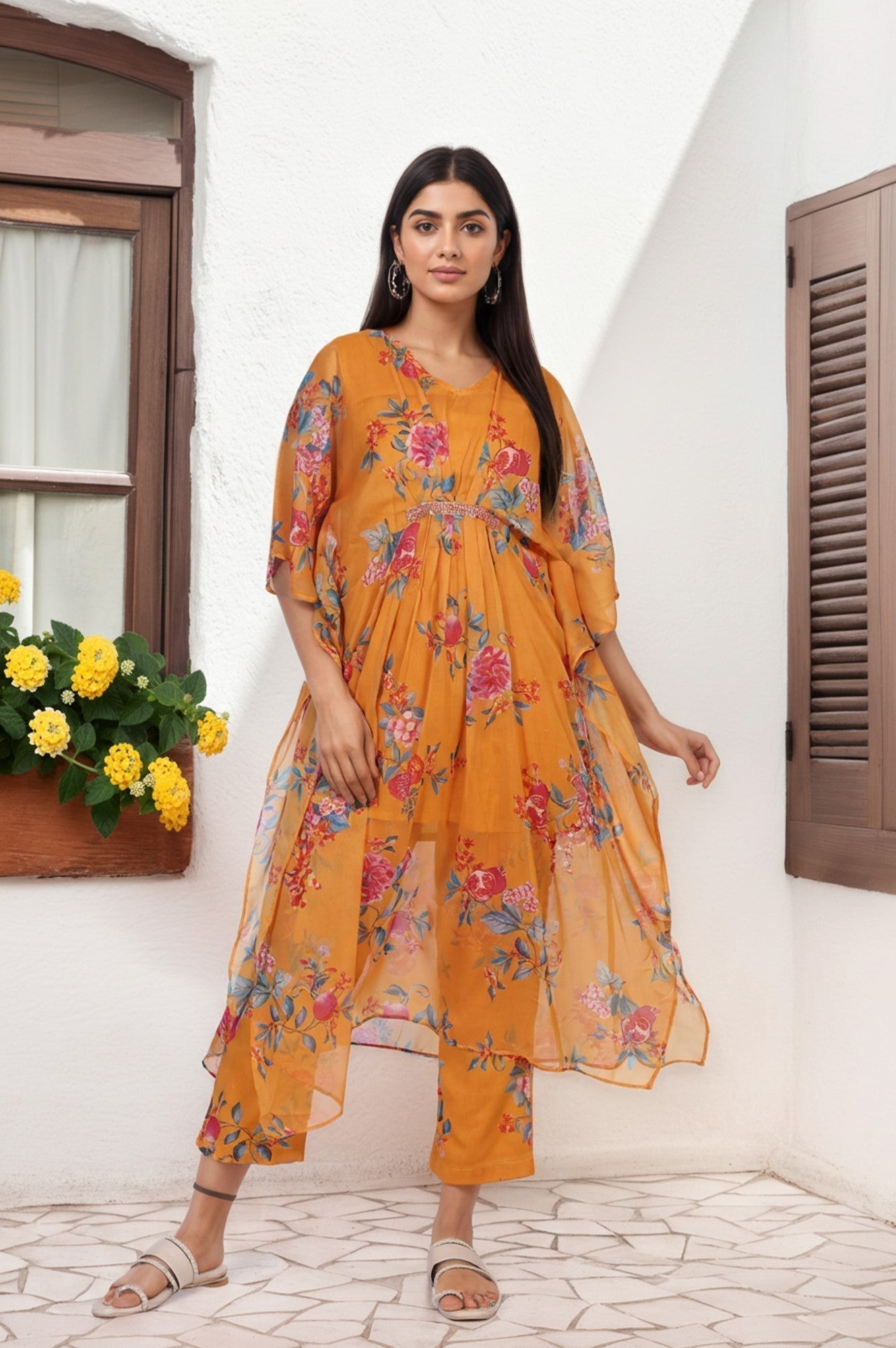W for Woman Orange Floral Printed Sequined Flared Chiffon Kaftan with Pant Set