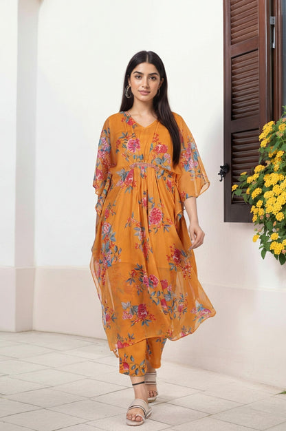 W for Woman Orange Floral Printed Sequined Flared Chiffon Kaftan with Pant Set