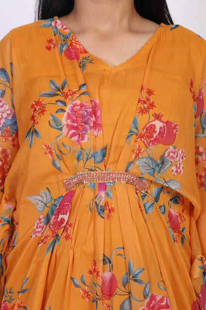 W for Woman Orange Floral Printed Sequined Flared Chiffon Kaftan with Pant Set