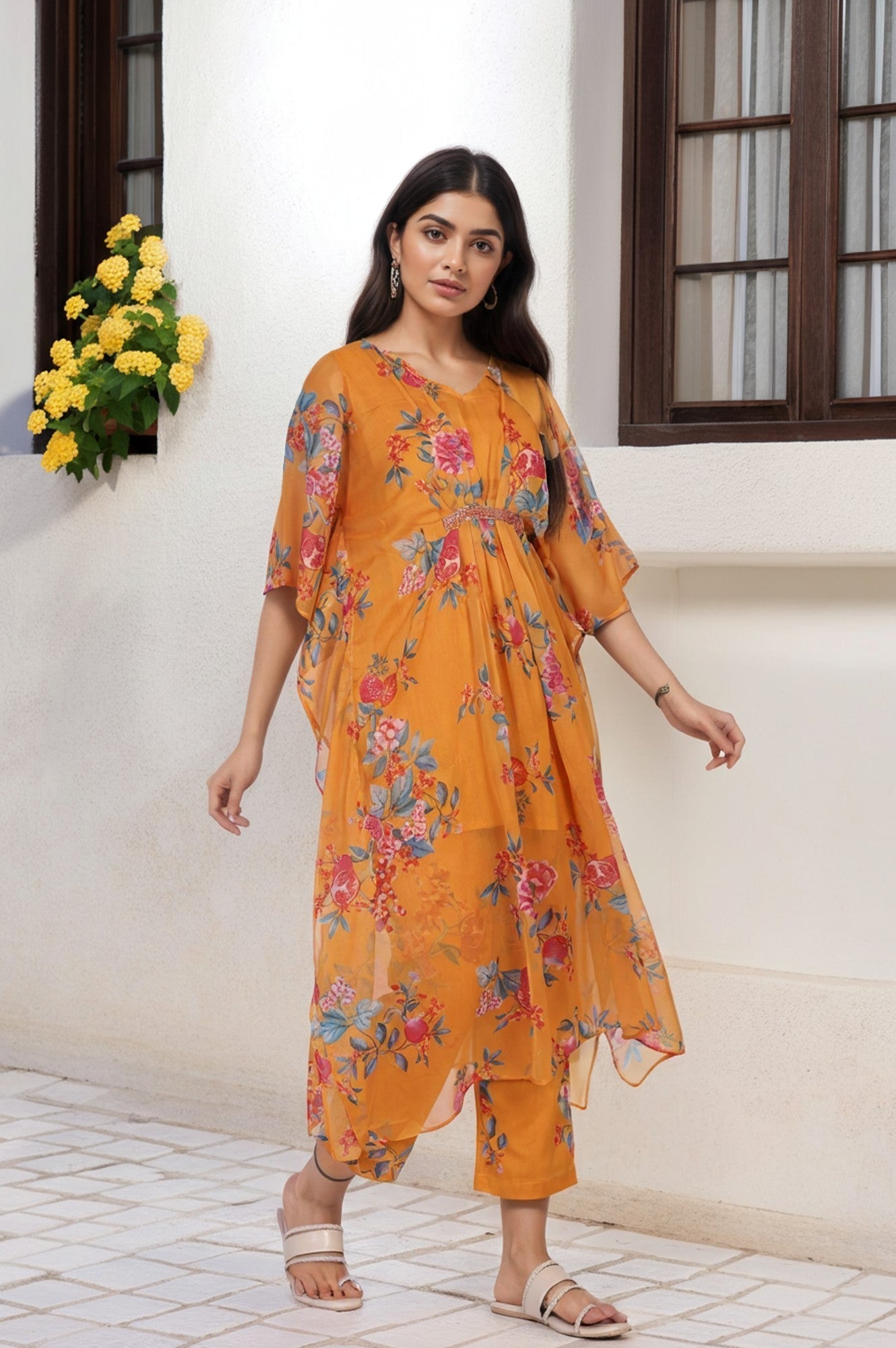 W for Woman Orange Floral Printed Sequined Flared Chiffon Kaftan with Pant Set