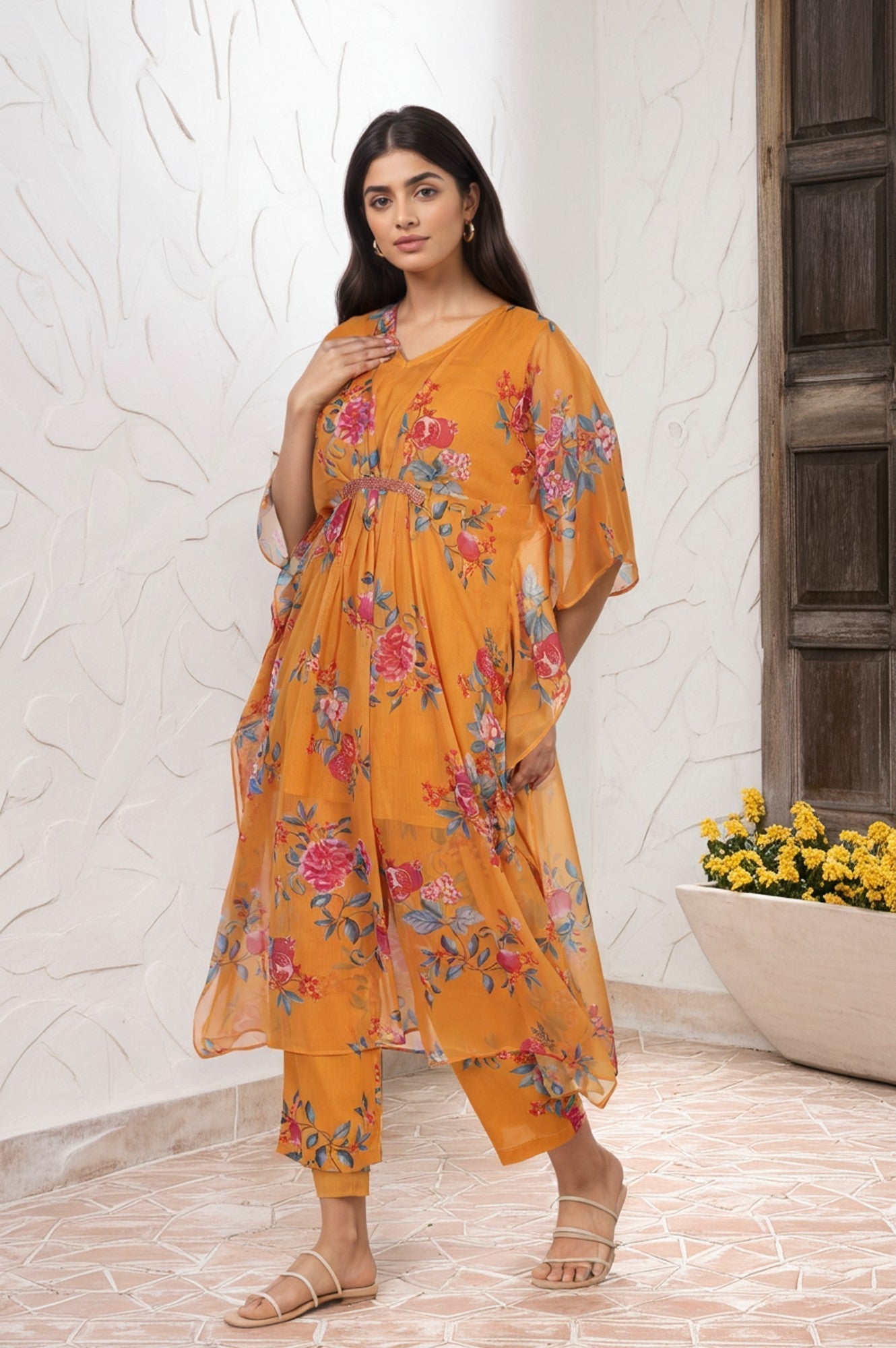 W for Woman Orange Floral Printed Sequined Flared Chiffon Kaftan with Pant Set