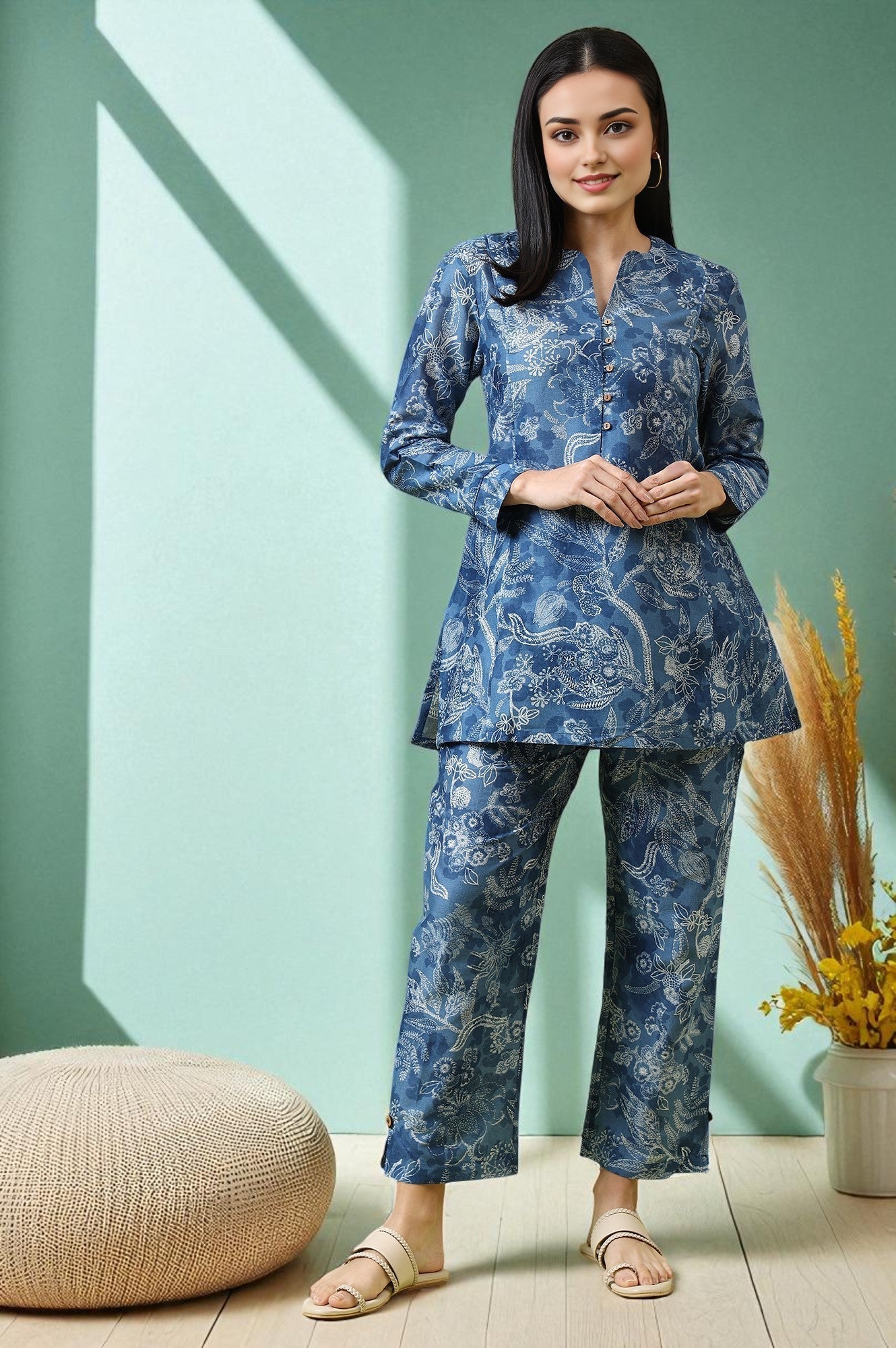W for Woman Blue Floral Printed Pure Cotton Tunic and Pants Co-ord Set