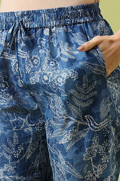 W for Woman Blue Floral Printed Pure Cotton Tunic and Pants Co-ord Set