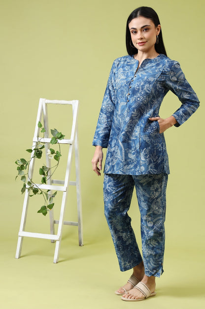W for Woman Blue Floral Printed Pure Cotton Tunic and Pants Co-ord Set