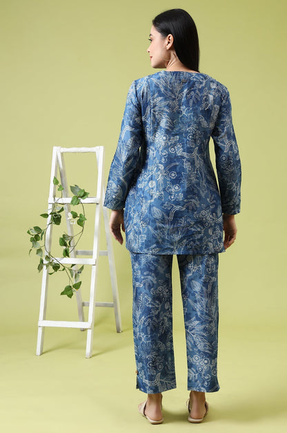 W for Woman Blue Floral Printed Pure Cotton Tunic and Pants Co-ord Set