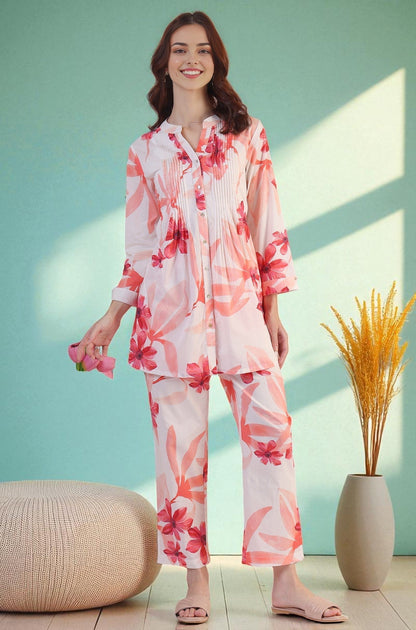 W for Woman White Bold Floral Printed Pure Cotton Tunic and Straight Pants Co-ord Set