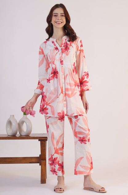 W for Woman White Bold Floral Printed Pure Cotton Tunic and Straight Pants Co-ord Set