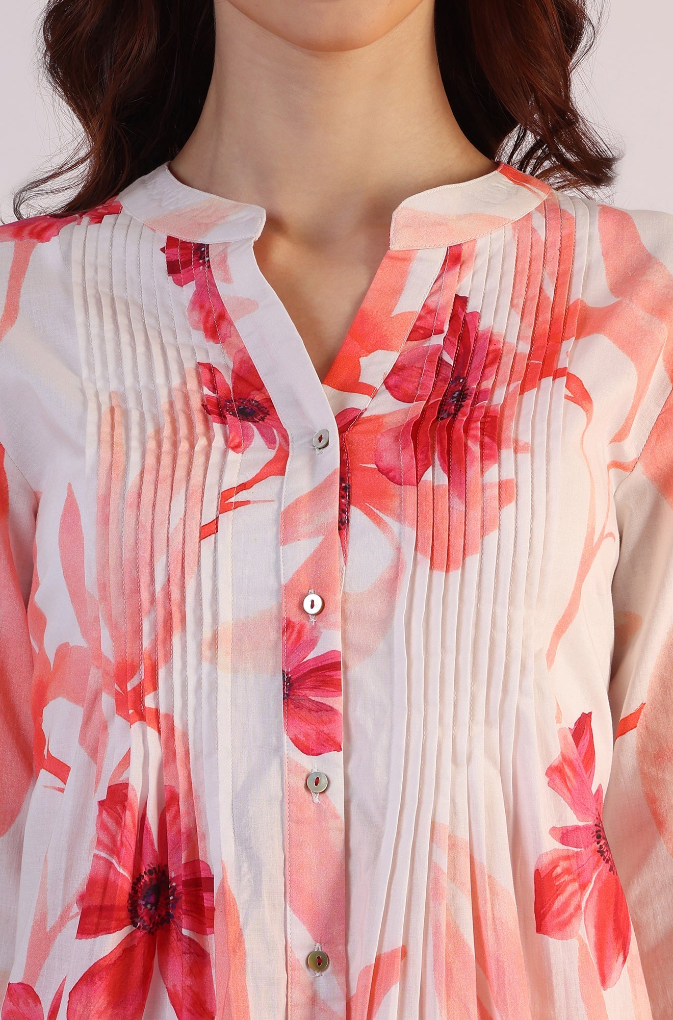 W for Woman White Bold Floral Printed Pure Cotton Tunic and Straight Pants Co-ord Set