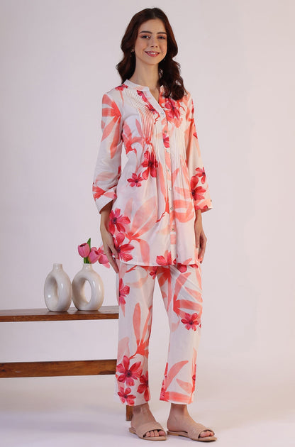 W for Woman White Bold Floral Printed Pure Cotton Tunic and Straight Pants Co-ord Set