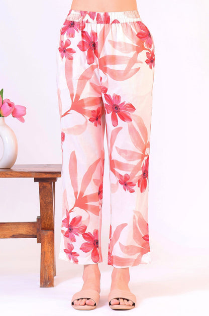 W for Woman White Bold Floral Printed Pure Cotton Tunic and Straight Pants Co-ord Set