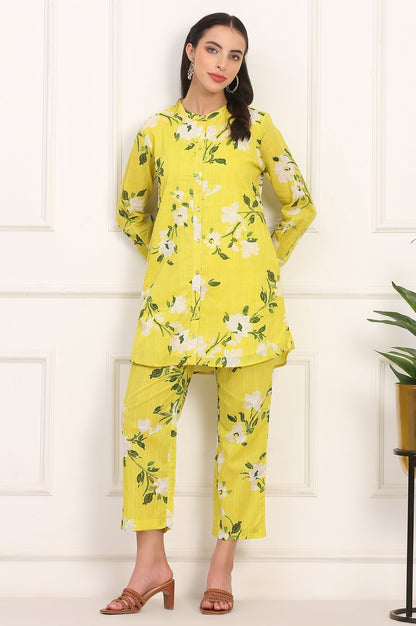 W for Woman Yellow Floral Printed Straight Cotton Stripe Tunic and Pants Co-ord Set