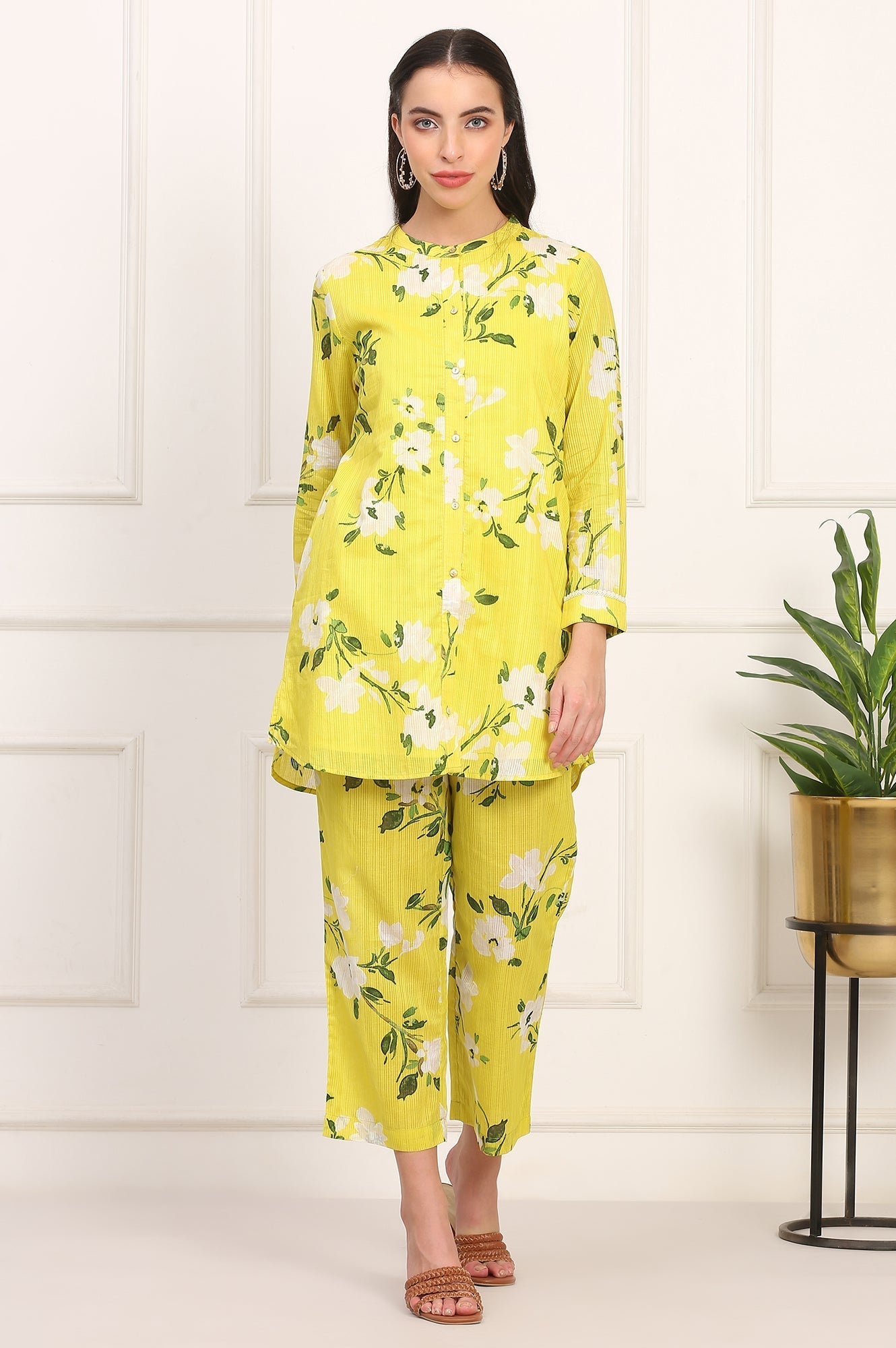 W for Woman Yellow Floral Printed Straight Cotton Stripe Tunic and Pants Co-ord Set
