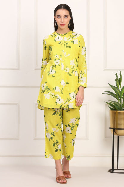 W for Woman Yellow Floral Printed Straight Cotton Stripe Tunic and Pants Co-ord Set