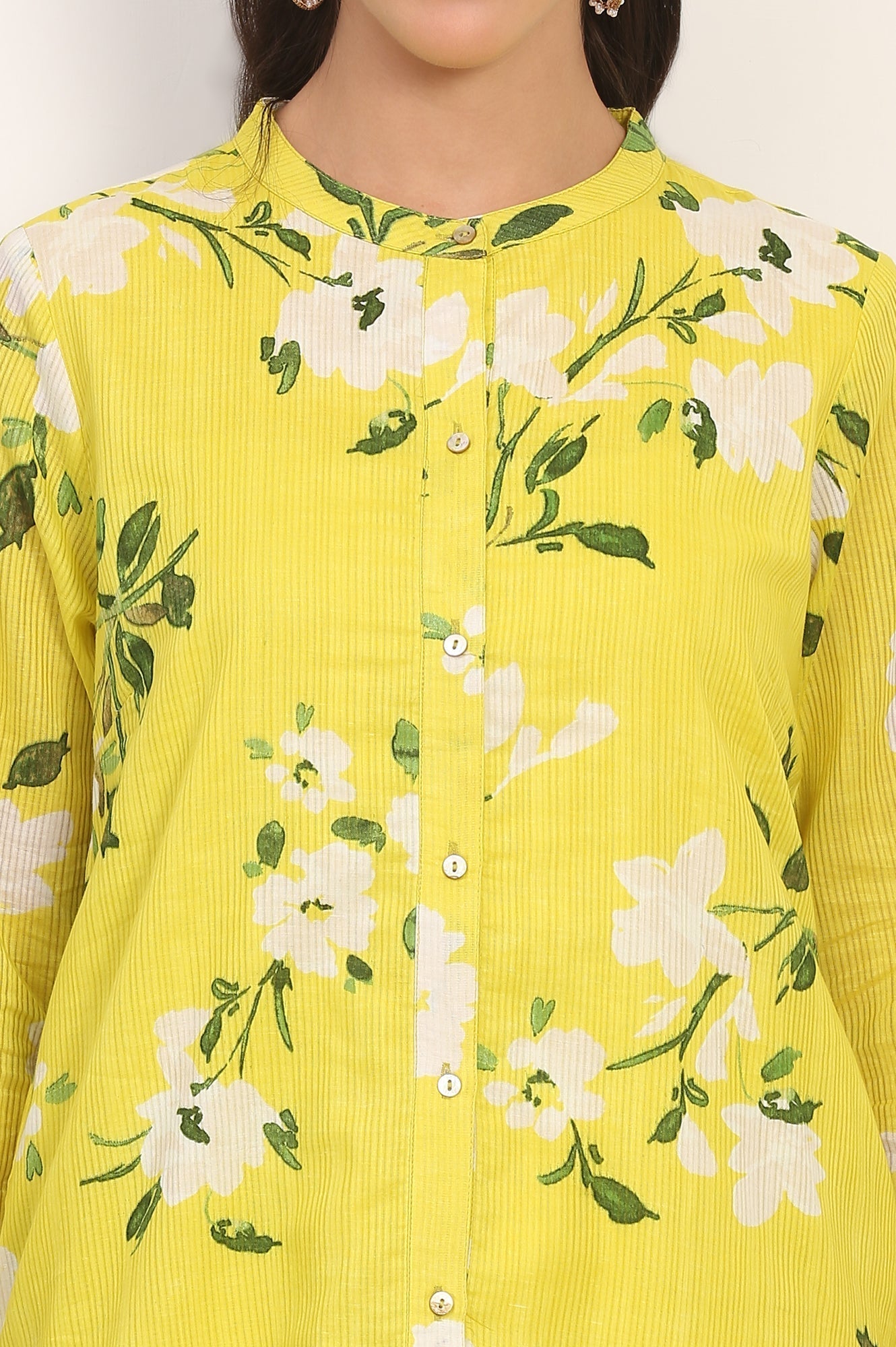 W for Woman Yellow Floral Printed Straight Cotton Stripe Tunic and Pants Co-ord Set