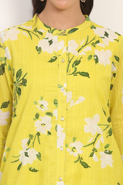 W for Woman Yellow Floral Printed Straight Cotton Stripe Tunic and Pants Co-ord Set