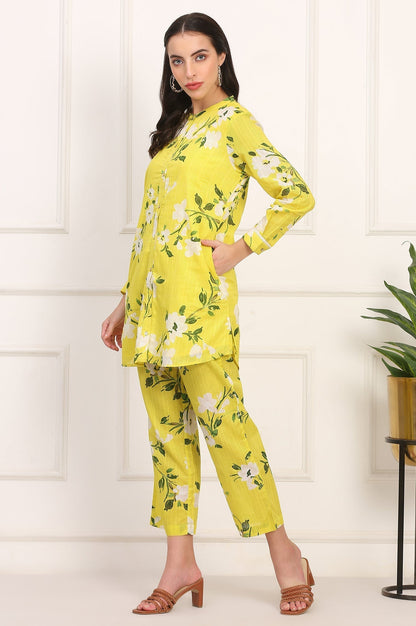W for Woman Yellow Floral Printed Straight Cotton Stripe Tunic and Pants Co-ord Set
