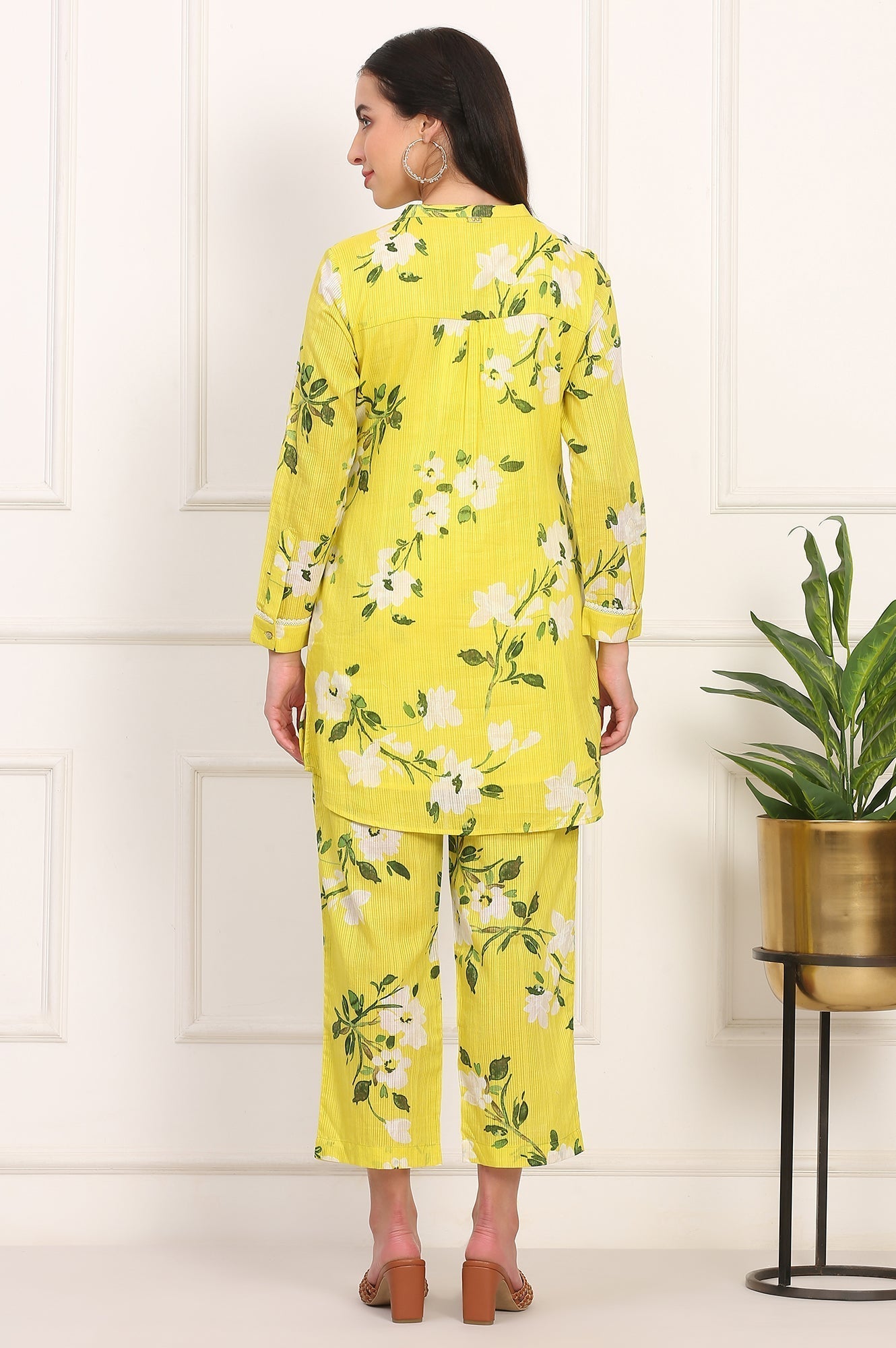 W for Woman Yellow Floral Printed Straight Cotton Stripe Tunic and Pants Co-ord Set
