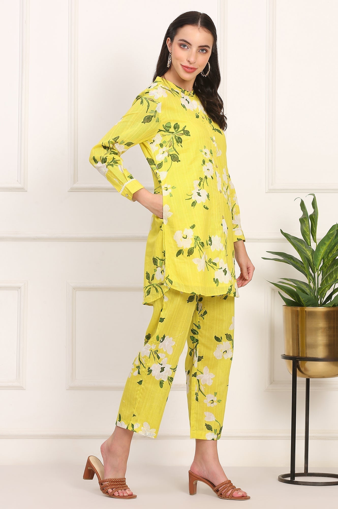 W for Woman Yellow Floral Printed Straight Cotton Stripe Tunic and Pants Co-ord Set