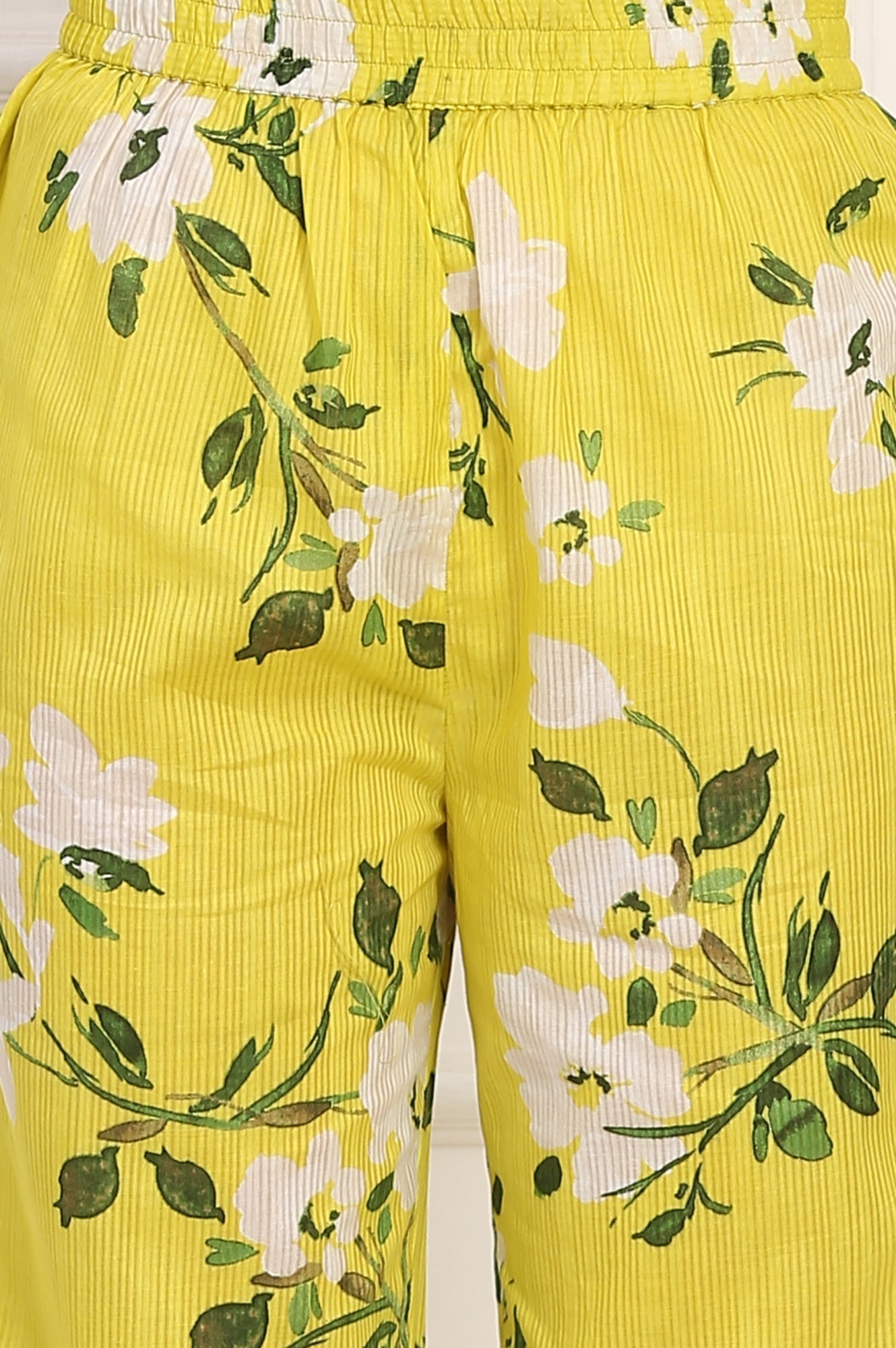 W for Woman Yellow Floral Printed Straight Cotton Stripe Tunic and Pants Co-ord Set
